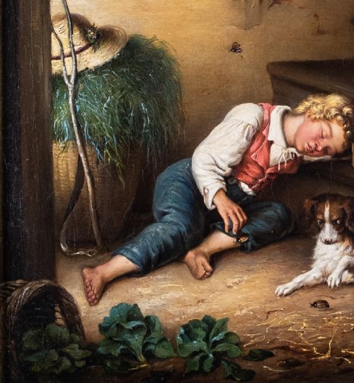 19TH CENTURY OIL ON CANVAS SLEEPING BOY WITH BUGS - ADDITIONAL PHOTO 2