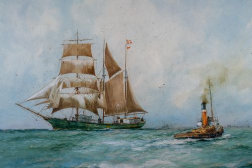 WILLIAM MINSHALL BIRCHALL 18841941 'UNDER THE DANISH ENSIGN' DATED 1923 WATERCOLOUR - ADDITIONAL PHOTO 2