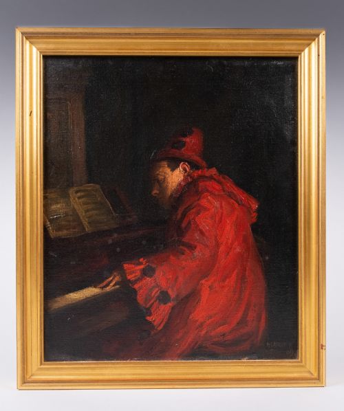 herbert johnson harvey 18841928 clown at piano oil on canvas - CATEGORY: ANTIQUE ART - DATED 1910