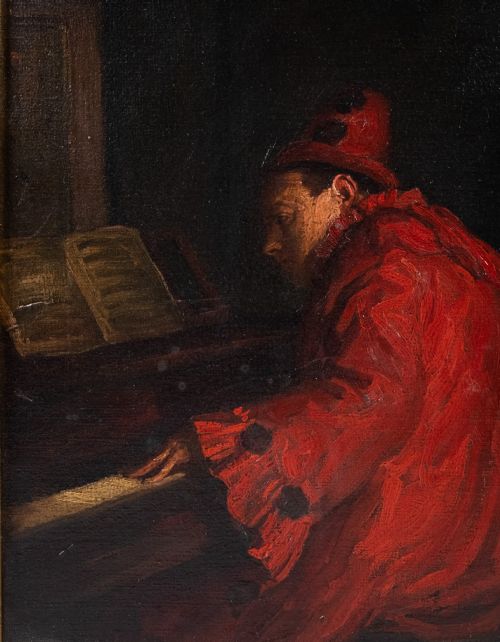 HERBERT JOHNSON HARVEY 18841928 CLOWN AT PIANO OIL ON CANVAS - ADDITIONAL PHOTO 2