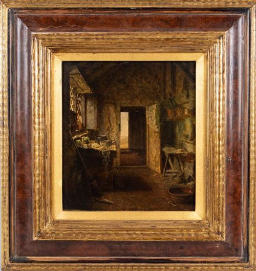 19th century oil on board cottage interior - CATEGORY: ANTIQUE ART - DATED 19TH CENTURY