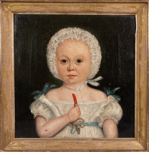 19th century naive portrait of a young child oil on canvas - CATEGORY: ANTIQUE ART - DATED 19TH CENTURY