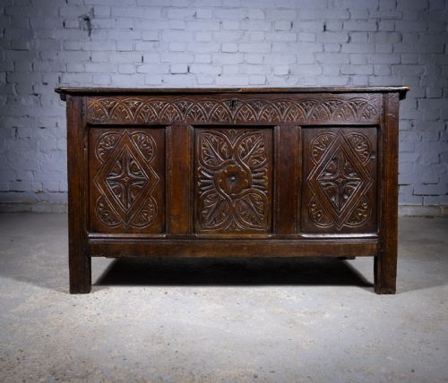 charles ii 17th century carved three panel oak coffer chest c1680 - CATEGORY: ANTIQUE CHESTS - DATED 17TH CENTURY
