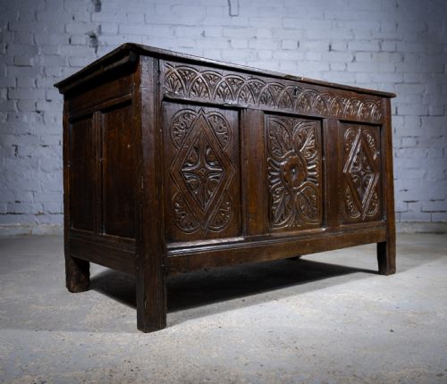 CHARLES II 17TH CENTURY CARVED THREE PANEL OAK COFFER CHEST C1680 - ADDITIONAL PHOTO 7