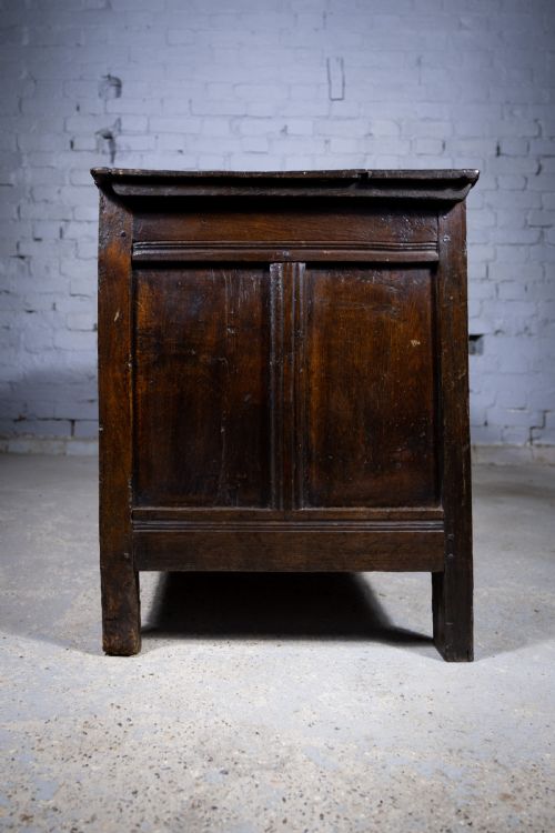 CHARLES II 17TH CENTURY CARVED THREE PANEL OAK COFFER CHEST C1680 - ADDITIONAL PHOTO 8
