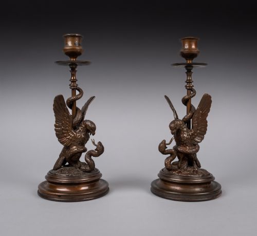 pair of early 20thc bronze eagle serpent candlesticks - CATEGORY: ANTIQUE LIGHTING - DATED 1900