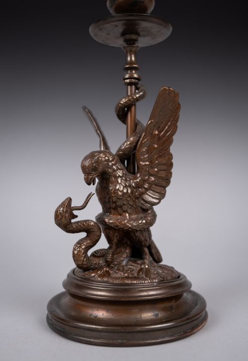 PAIR OF EARLY 20THC BRONZE EAGLE SERPENT CANDLESTICKS - ADDITIONAL PHOTO 1
