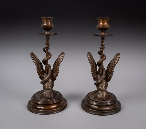 PAIR OF EARLY 20THC BRONZE EAGLE SERPENT CANDLESTICKS - ADDITIONAL PHOTO 4