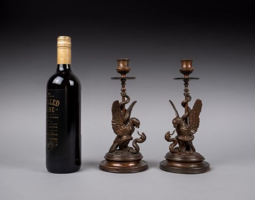 PAIR OF EARLY 20THC BRONZE EAGLE SERPENT CANDLESTICKS - ADDITIONAL PHOTO 7