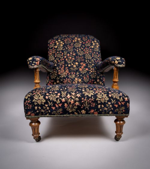 HOWARD STYLE WALNUT OPEN ARMCHAIR C1880 STAMPED - ADDITIONAL PHOTO 1