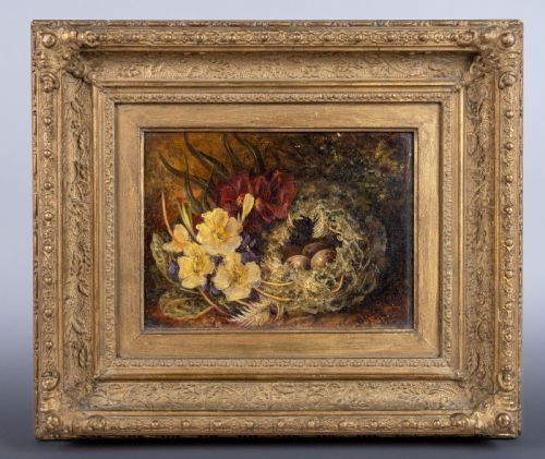 'emblems of spring' by laura mias 1881 oil on canvas - CATEGORY: ANTIQUE ART - DATED 1880