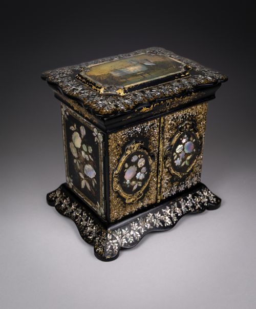 fine mother of pearl abalone ebonised papiermache jewellery cabinet c1850 - CATEGORY: ANTIQUE BOXES - DATED 1850