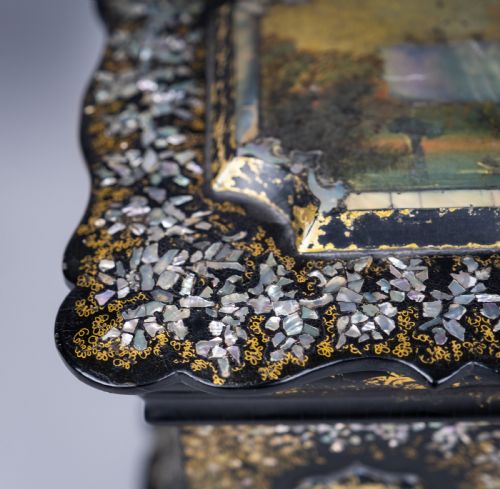 FINE MOTHER OF PEARL ABALONE EBONISED PAPIERMACHE JEWELLERY CABINET C1850 - ADDITIONAL PHOTO 10