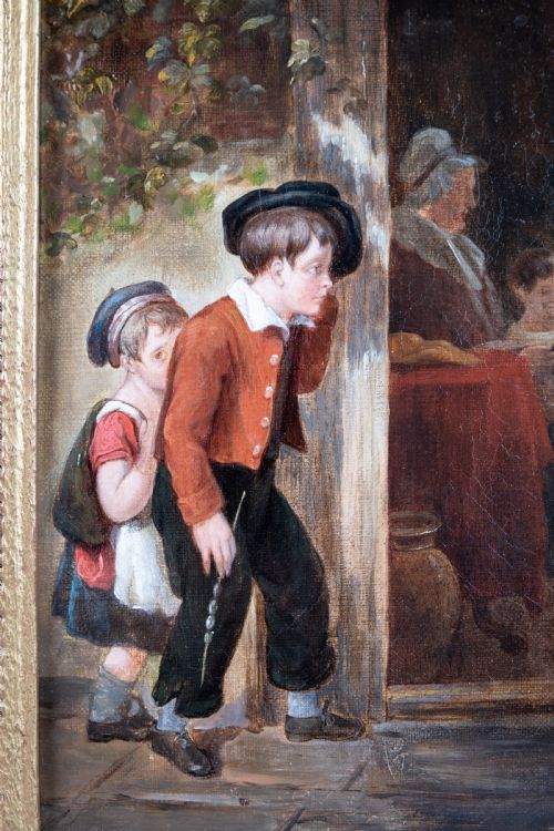 19TH CENTURY OIL ON CANVAS OUTSIDE SCHOOL - ADDITIONAL PHOTO 2