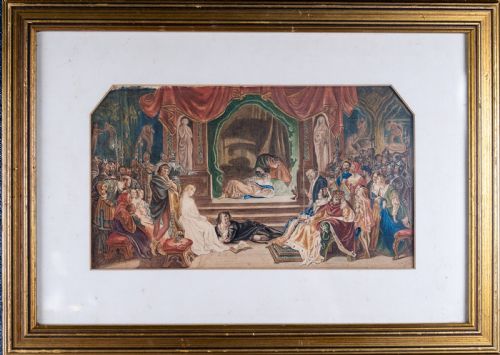 after daniel maclise irish 18061870 'the play scene from hamlet' watercolour dated 1858 - CATEGORY: ANTIQUE ART - DATED 1850