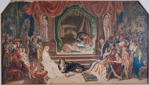 AFTER DANIEL MACLISE IRISH 18061870 'THE PLAY SCENE FROM HAMLET' WATERCOLOUR DATED 1858 - ADDITIONAL PHOTO 1