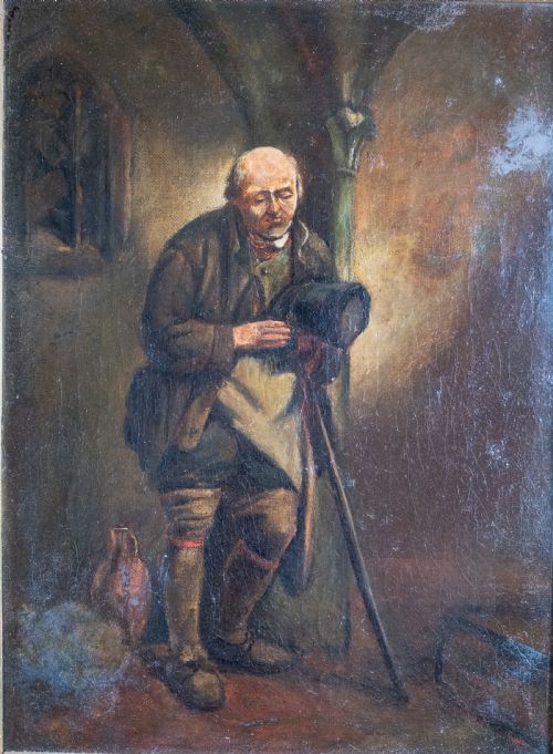 19TH CENTURY PORTRAIT OF A MAN WITH FLAGON OIL ON CANVAS - ADDITIONAL PHOTO 1