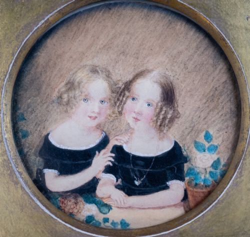 19TH CENTURY WATERCOLOUR PENCIL TWO YOUNG GIRLS - ADDITIONAL PHOTO 1