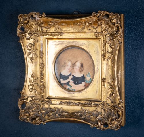 19TH CENTURY WATERCOLOUR PENCIL TWO YOUNG GIRLS - ADDITIONAL PHOTO 2