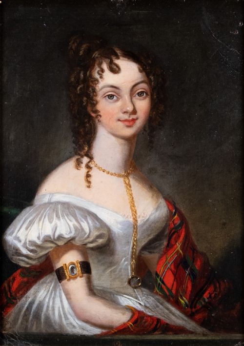 19TH CENTURY PORTRAIT OF A YOUNG LADY WITH TARTAN SHAWL OIL ON BOARD - ADDITIONAL PHOTO 1
