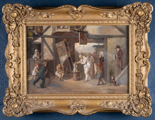 the street entertainer signed dated 1880 oil on canvas - CATEGORY: ANTIQUE ART - DATED 1880