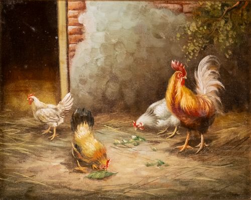 19TH CENTURY OIL ON CANVAS CHICKENS ROOSTERS IN FARMYARD NORWICH SCHOOL - ADDITIONAL PHOTO 1