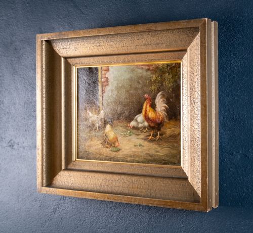 19TH CENTURY OIL ON CANVAS CHICKENS ROOSTERS IN FARMYARD NORWICH SCHOOL - ADDITIONAL PHOTO 4