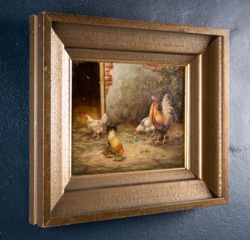 19TH CENTURY OIL ON CANVAS CHICKENS ROOSTERS IN FARMYARD NORWICH SCHOOL - ADDITIONAL PHOTO 5