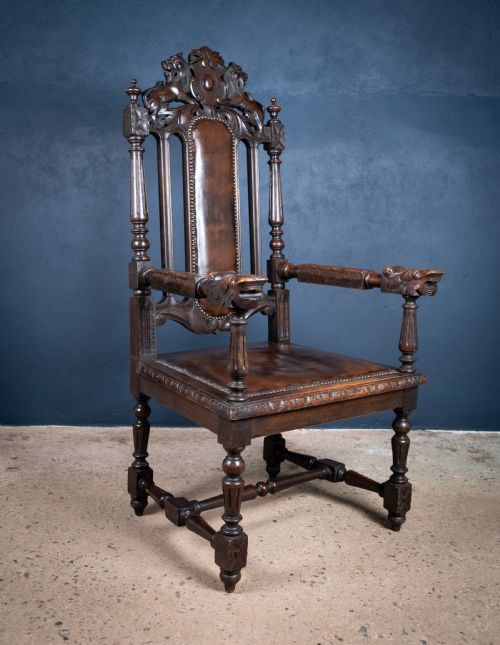 VICTORIAN GOTHIC REVIVAL OAK THRONE CHAIR - ADDITIONAL PHOTO 8