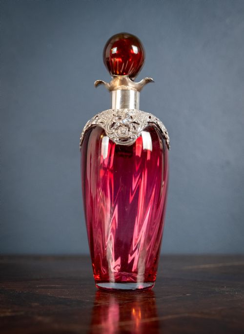 silver mounted cranberry glass decanter by mitchell bosley co - CATEGORY: ANTIQUE SILVER - DATED VICTORIAN