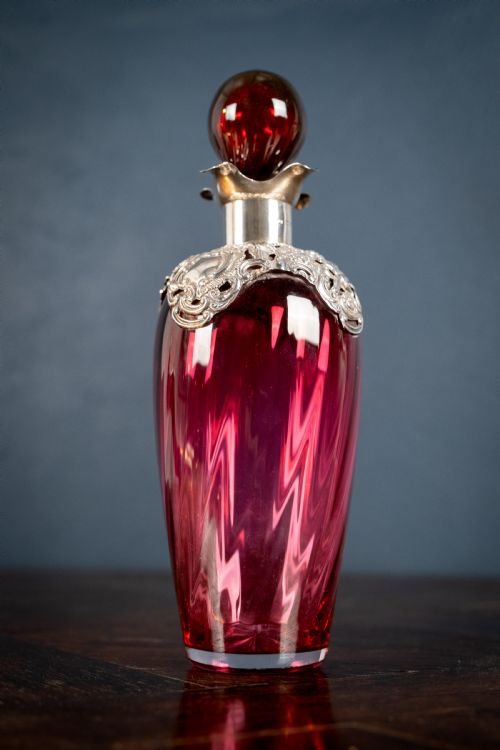 SILVER MOUNTED CRANBERRY GLASS DECANTER BY MITCHELL BOSLEY CO - ADDITIONAL PHOTO 1