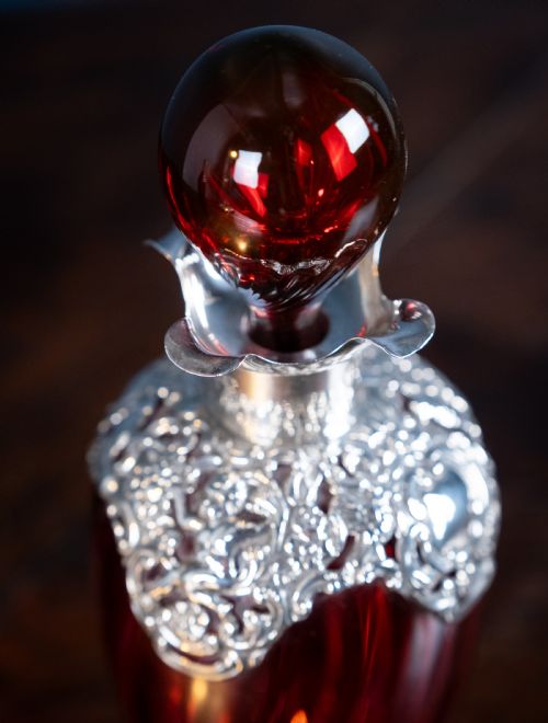 SILVER MOUNTED CRANBERRY GLASS DECANTER BY MITCHELL BOSLEY CO - ADDITIONAL PHOTO 4