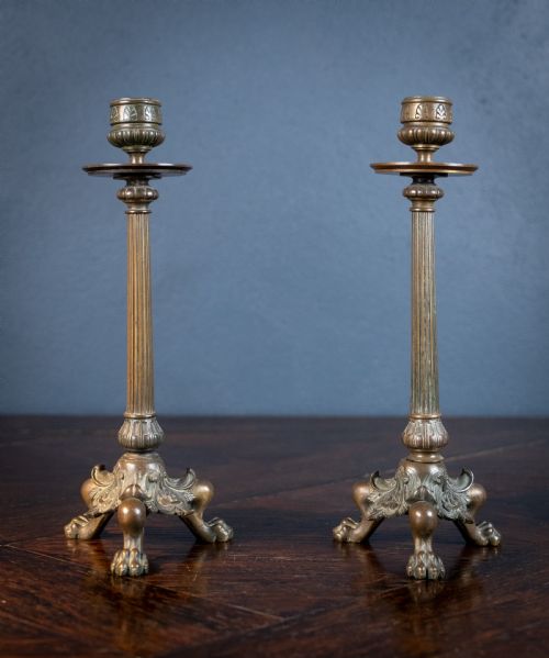 bronze french empire lion paw candlesticks - CATEGORY: ANTIQUE LIGHTING - DATED 1900
