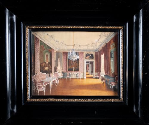 after j jaunbersin fl1900 'the birth room of emperor franz joseph at schnbrunn palace vienna' pen watercolour - CATEGORY: ANTIQUE ART - DATED 1900