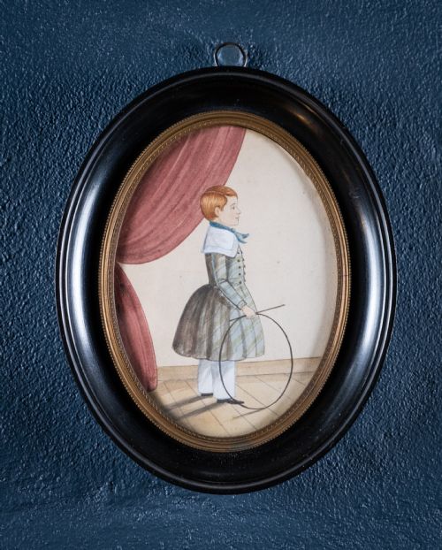 19th century boy with hoop english naive school miniature - CATEGORY: ANTIQUE ART - DATED 19TH CENTURY