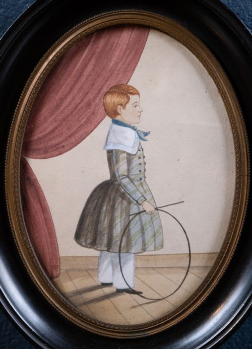 19TH CENTURY BOY WITH HOOP ENGLISH NAIVE SCHOOL MINIATURE - ADDITIONAL PHOTO 2