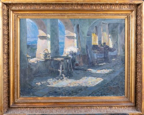 a sunlit coastal colonnade french school oil on canvas - CATEGORY: ANTIQUE ART - DATED 1900