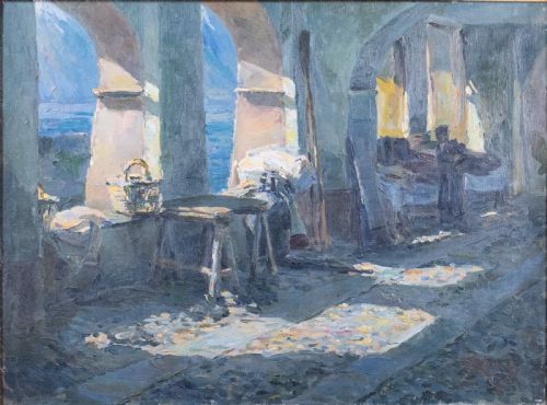 A SUNLIT COASTAL COLONNADE FRENCH SCHOOL OIL ON CANVAS - ADDITIONAL PHOTO 2