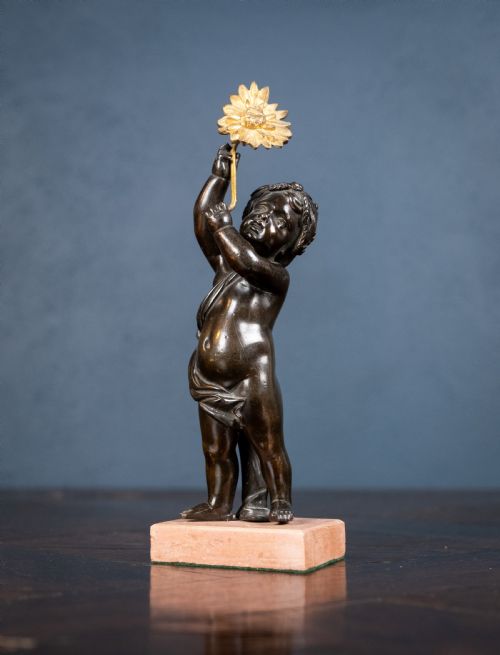 19th century bronze putto holding a flower - CATEGORY: ANTIQUE METAL - DATED VICTORIAN