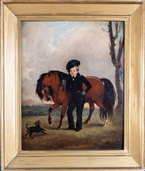 19th century oil on panel boy with horse naive school - CATEGORY: ANTIQUE ART - DATED 19TH CENTURY