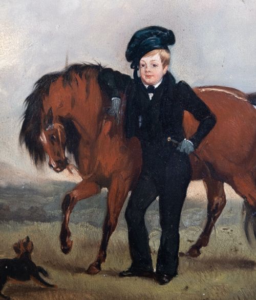 19TH CENTURY OIL ON PANEL BOY WITH HORSE NAIVE SCHOOL - ADDITIONAL PHOTO 1