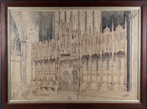 large architectural pen ink drawing of a cathedral dated 1908 - CATEGORY: ANTIQUE ART - DATED 1910