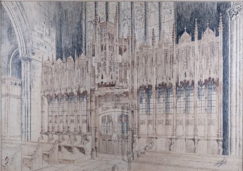 LARGE ARCHITECTURAL PEN INK DRAWING OF A CATHEDRAL DATED 1908 - ADDITIONAL PHOTO 2