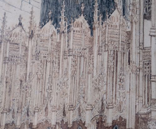 LARGE ARCHITECTURAL PEN INK DRAWING OF A CATHEDRAL DATED 1908 - ADDITIONAL PHOTO 8