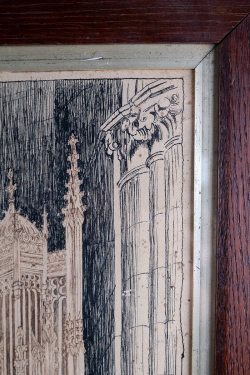 LARGE ARCHITECTURAL PEN INK DRAWING OF A CATHEDRAL DATED 1908 - ADDITIONAL PHOTO 10