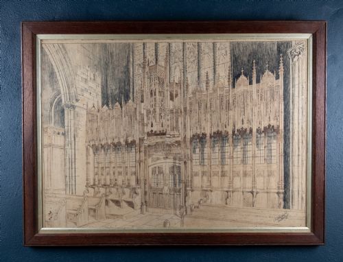 LARGE ARCHITECTURAL PEN INK DRAWING OF A CATHEDRAL DATED 1908 - ADDITIONAL PHOTO 11