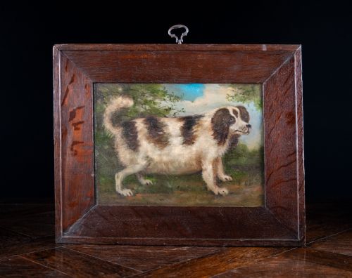 folk art portrait of a spaniel oil on board - CATEGORY: ANTIQUE ART - DATED 1910