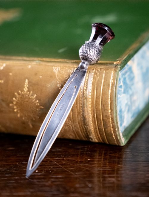 silver amethyst paste stone thistle bookmark by crisford norris c1910 - CATEGORY: ANTIQUE SILVER - DATED EDWARDIAN