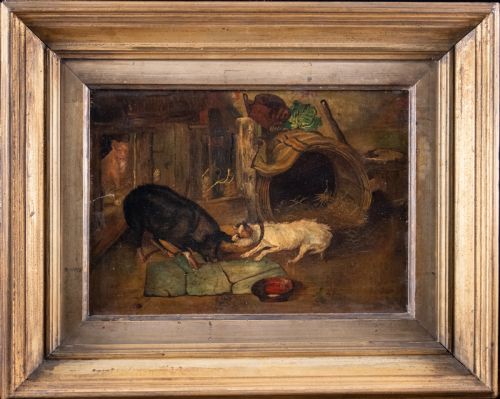 'The Dog & Hog' 19th Century Oil on Canvas. Naive School.