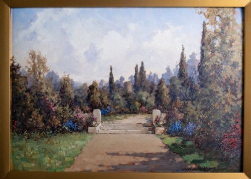 JAMES JEROME MILLER FL18751900 PAIR OF COUNTRY GARDENS OIL PAINTINGS - ADDITIONAL PHOTO 2